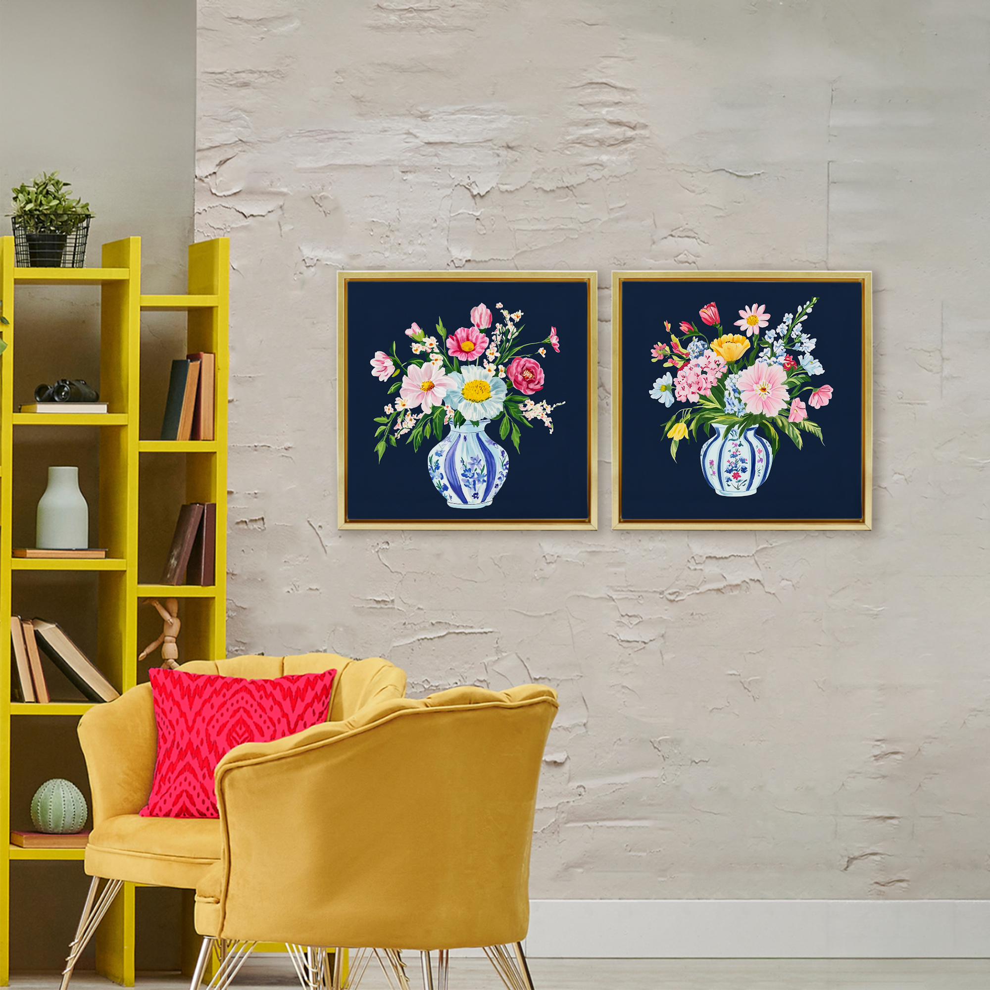Twin Chinoiserie Vases 2 Piece Gold Framed Floater Canvas Set, design by Yen