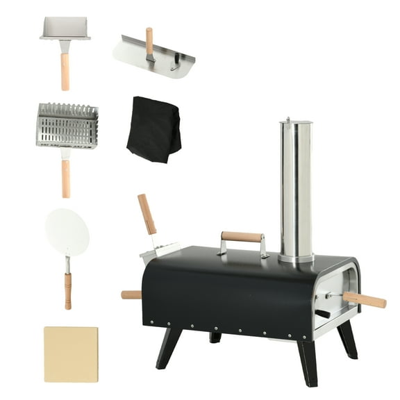 Outsunny Portable Pizza Oven - 12" Wood Fired Pizza Maker, Stainless Steel Grill, Foldable Legs for Backyard & Outdoor Kitchen Black   Steel