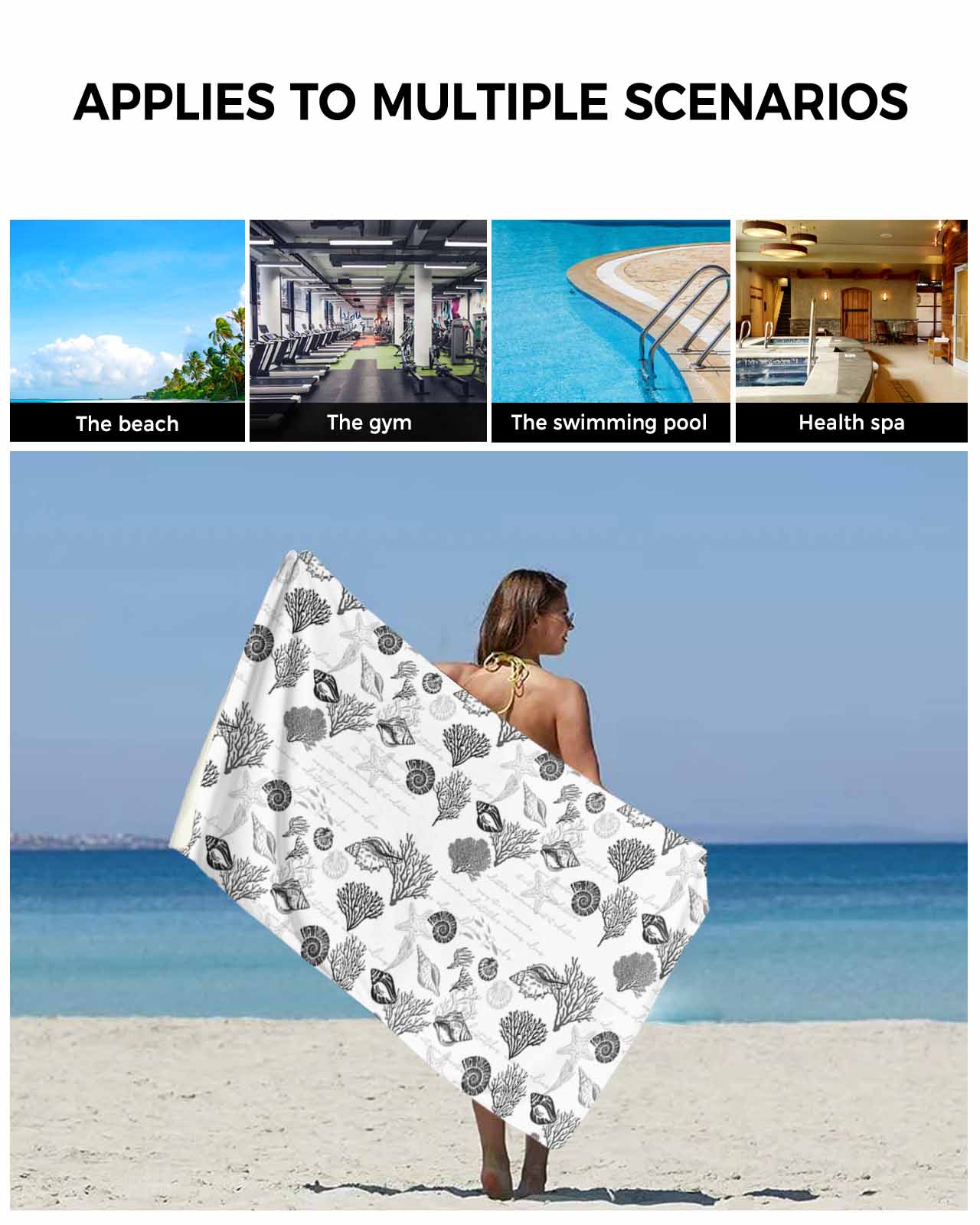 Coastal Grey Bath Towels for Bathroom Set,Luxury Microfiber Towels Gifts for Women,Quick Dry Beach Hand Hair Face Towel and Dish Washcloth,Retro Ocean Coral Shell Starfish Seahorse Towels+Set
