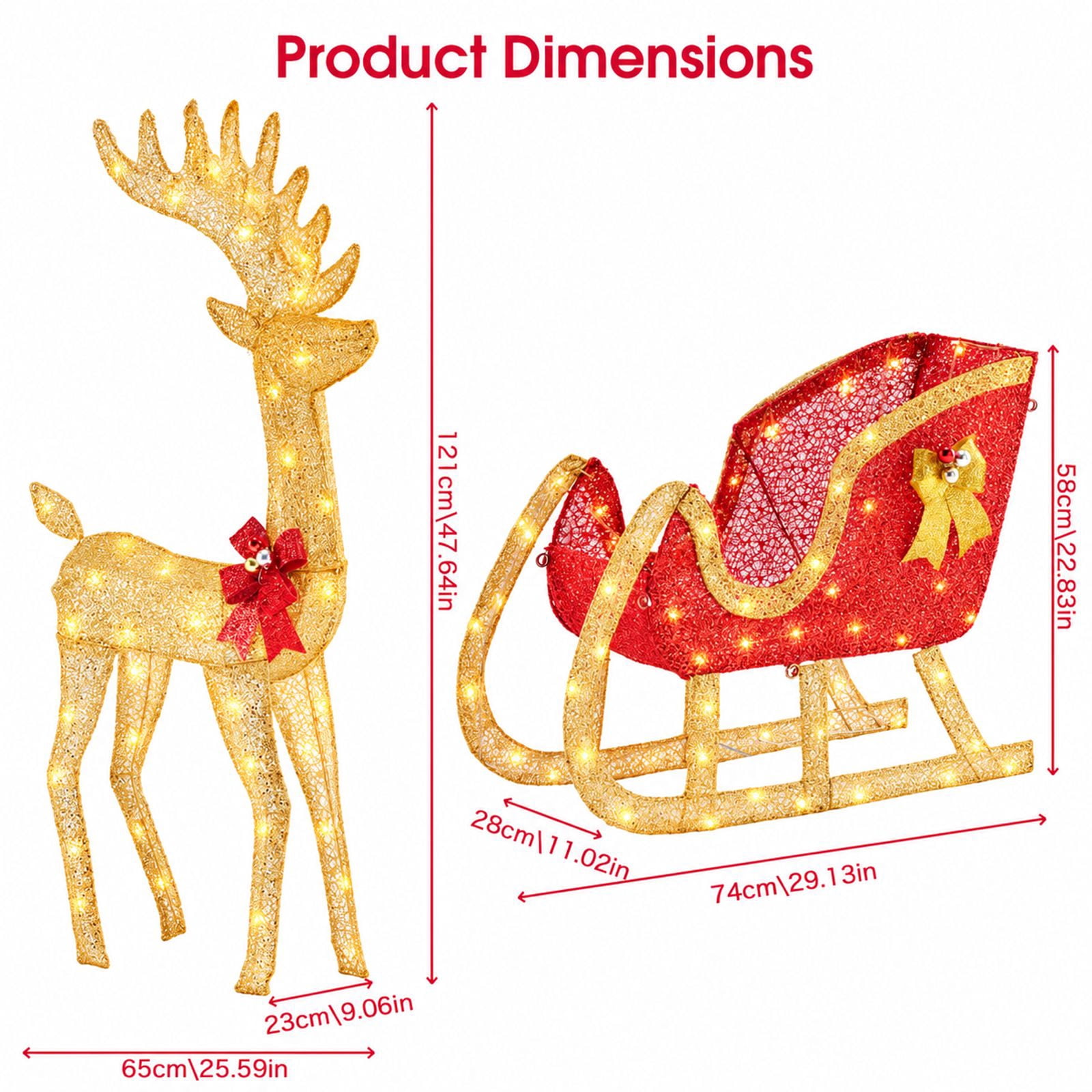 Alvantor Christmas Decoration Lighted Reindeer Sleigh, 180 LEDs, Yard Decor, Gold, 25.6 x 9.1 x 47.6 In