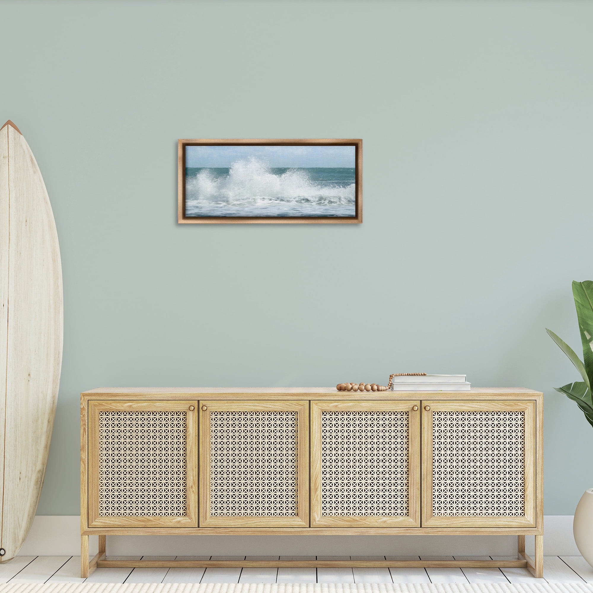 Stupell Industries Ocean Waves Crashing Foam Splash Nature Photography Brown Floater Framed Canvas Art Print Wall Art, 31 x 14