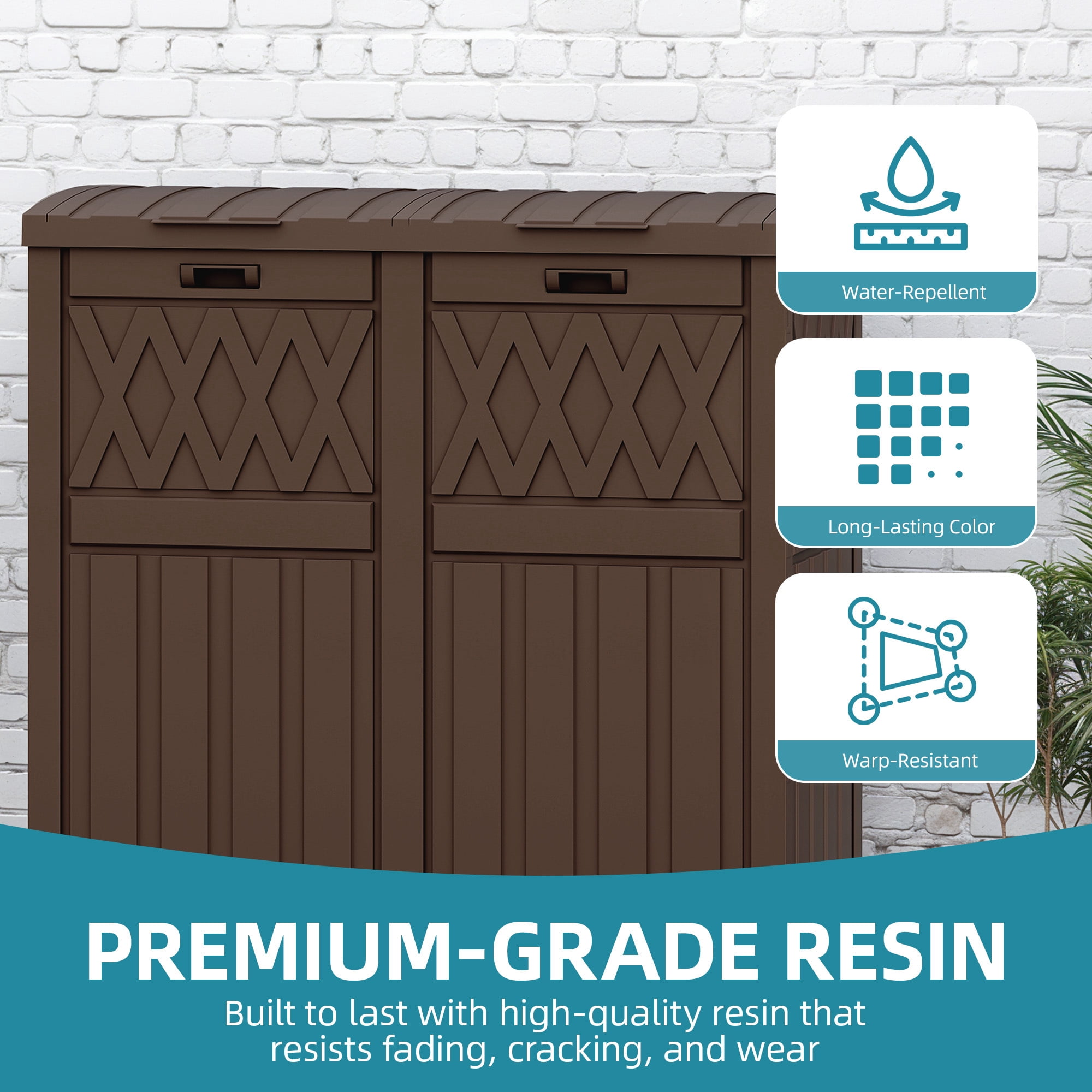 Uforic Double Compartment Outdoor Trash Can, 62 Gallon Waterproof Resin Garbage Bin with Tiered Lid and Drip Tray for Patio Deck Backyard, Dark Brown