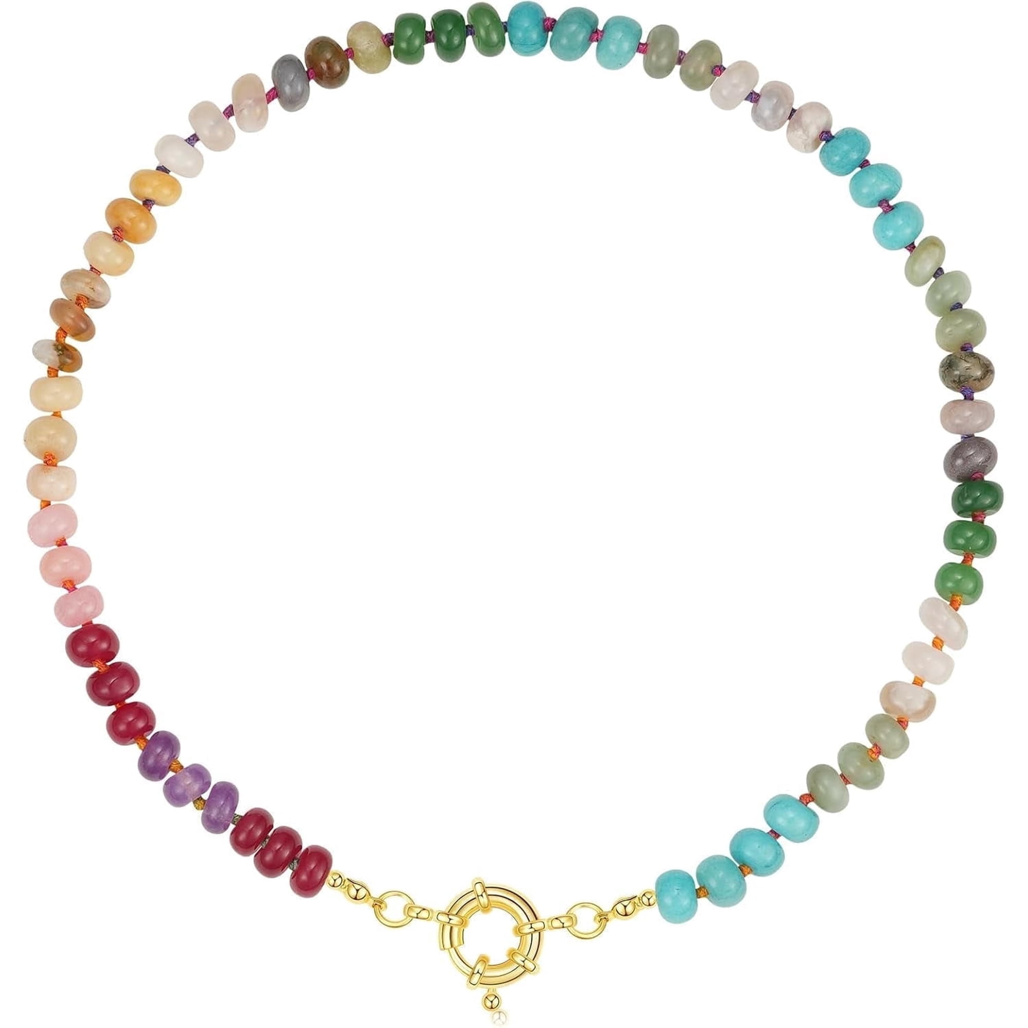 Beaded Gemstone Necklace for Women, Colorful Boho Bead Choker Natural Stone Surfer Beach Necklaces Gold Plated Summer Handmade Jewelry