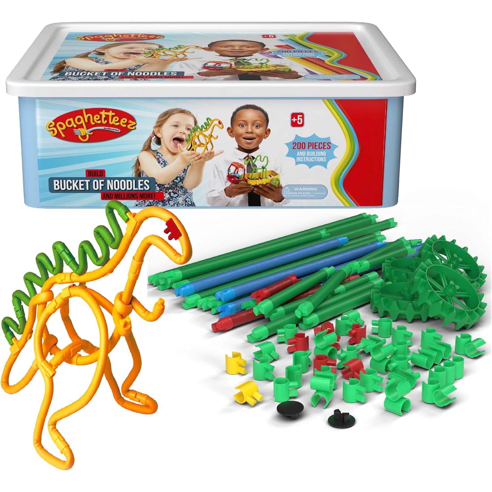Spaghetteez Bucket of Noodles- Ultimate Flexible Connectible 200-piece STEM Building Set for Kids - Stretchy, Bendable Construction Toy for Creative Play- Ideal for Age 4+