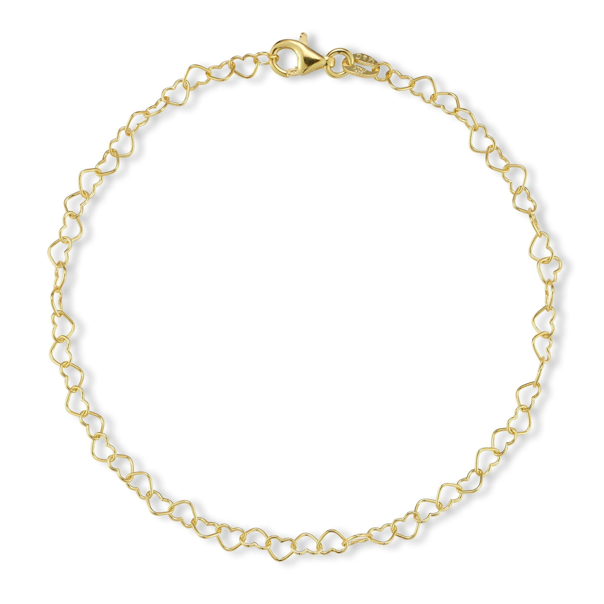 Adesso Milano Jewelry Italian Sterling Silver Heart Link Chain Anklet for Women, Made in Italy, Gold, 9"