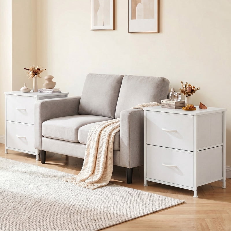 Kelno 2PCS Nightstand 2-Drawer Fabric Storage Dresser Small Bedside Table Wood Top, White
