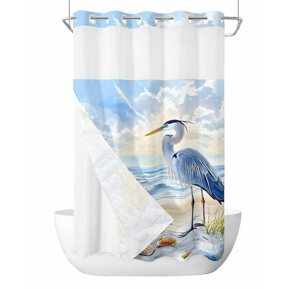 No Hook Cloth Fabric Shower Curtain with Snap in Liner, Coastal Birds Waterproof Shower Curtains Set with See Through Top Window, Blue Sky Heron Seabird Tropical Beach Bath Curtains Shower 36"x78"