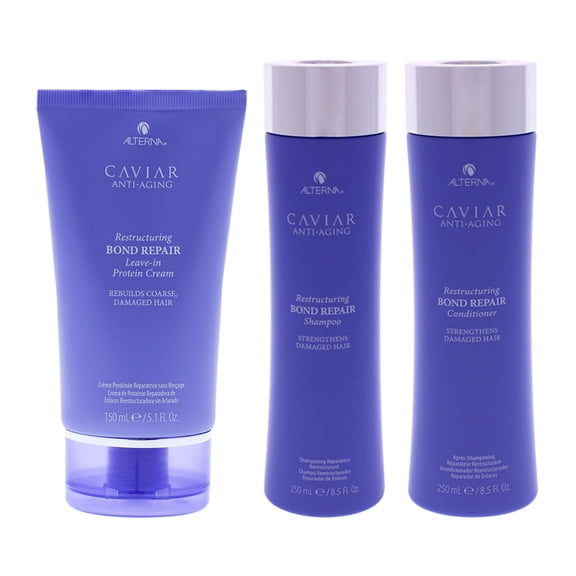 Alterna Caviar Anti-Aging Restructuring Bond Repair Shampoo and Conditioner With Leave-In Protein Cream 3 Pc Kit - 8.5oz Shampoo, 8.5oz Conditioner, 5.1oz Cream