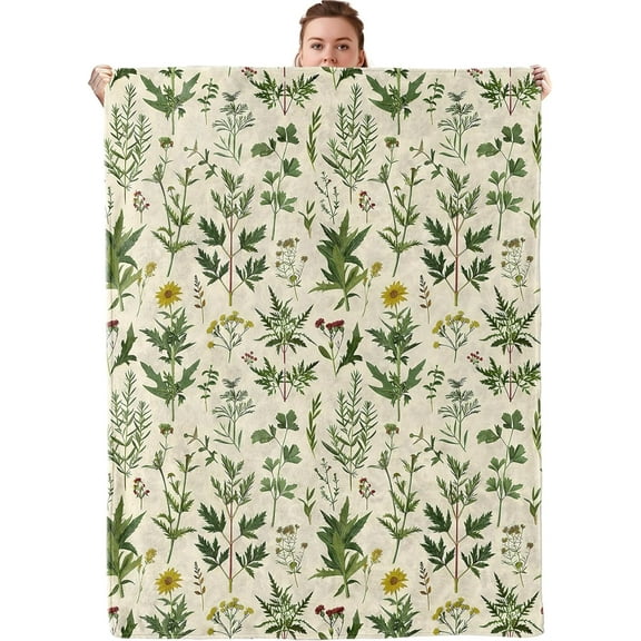 Vintage Botanical Herb Throw Blanket Birthday Gifts for Adults Kids, 50x60 in, Natural Greenery and Leaf Themed Flannel Blankets for Bed, Picnic, Couch, Home Decor, Lightweight Cozy Soft Fuzzy