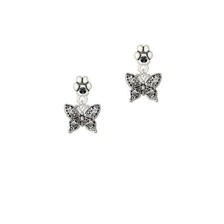 Small Butterfly Earrings - Small Antiqued Crystal Butterfly - Black Crystal Paw Earrings