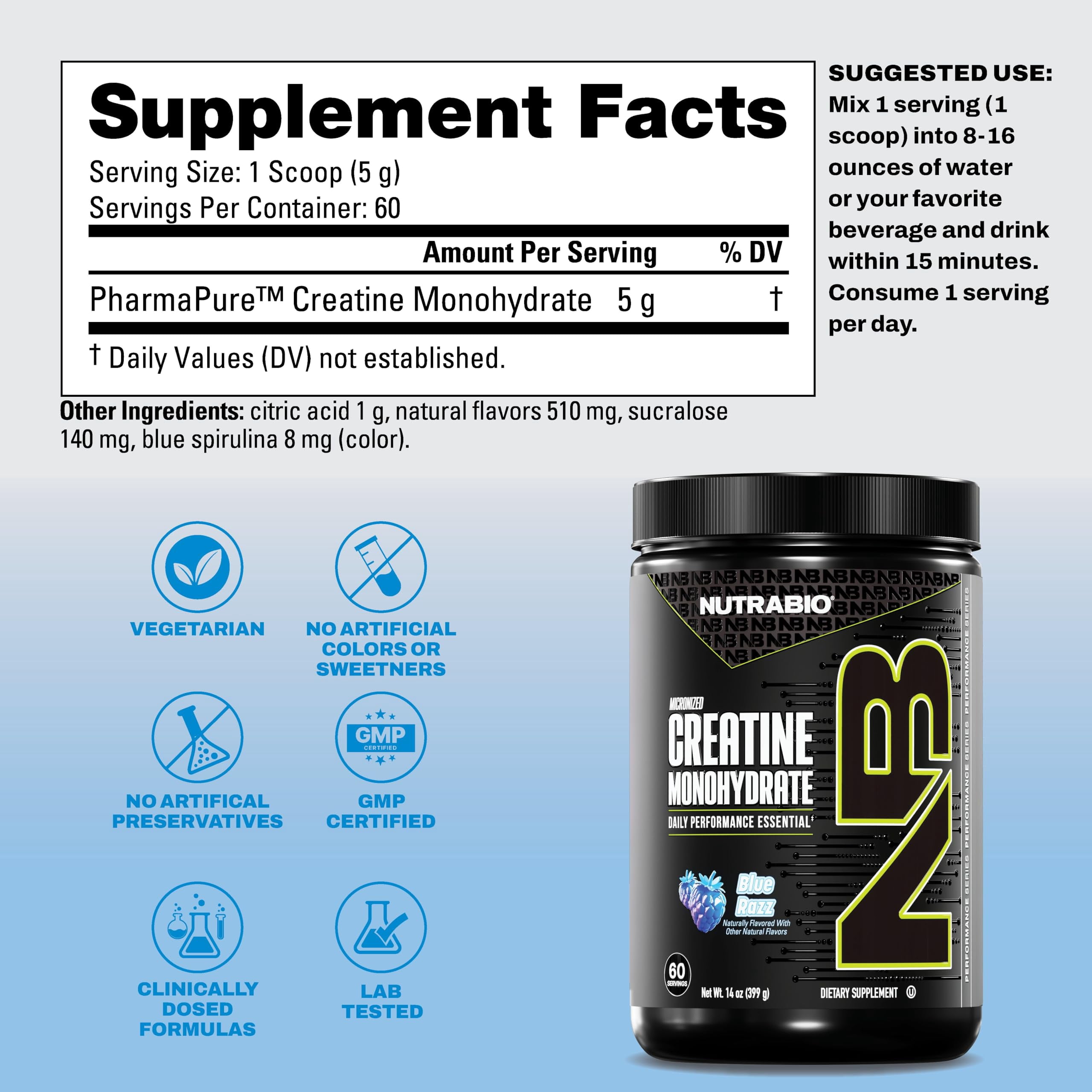 NutraBio Pure Creatine Monohydrate Powder Supplement, Blue Razz, (300 g) - Supports Bulk Muscle Energy, Recovery, and Strength - HPLC Tested Pure Grade Creatine Powder Supplement for Men and Women