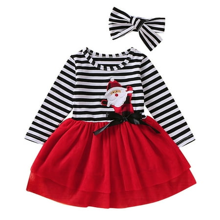 

Rovga Dresses For Girls Striped Baby Girls Print Christmas Toddler Outfits Dress+Headband Tulle Santa Girls Dress Skirt Fashion Clothing