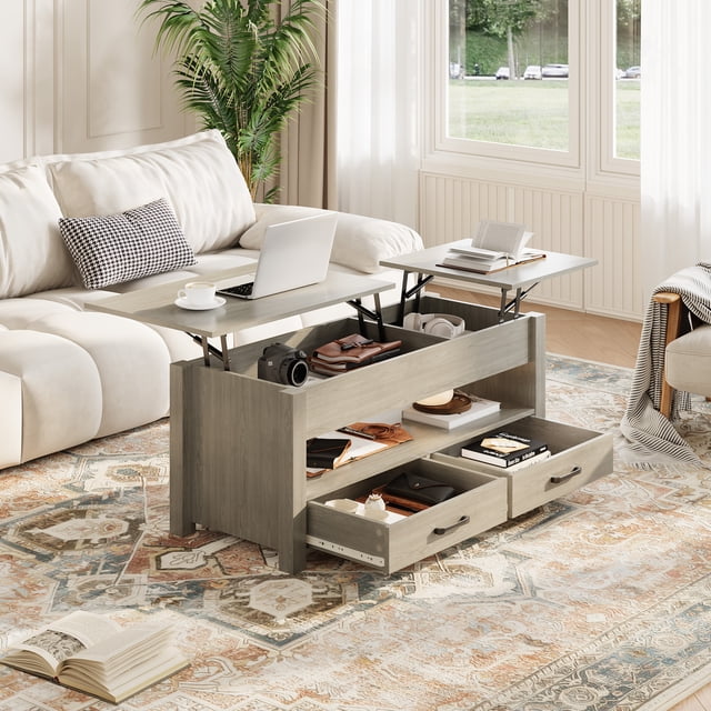 47.2 Inch Lift Top Coffee Table, Adjustable Height Wooden Center Table with 2 Drawers, Hidden Compartment and Open Shelf for Living Room Home Office