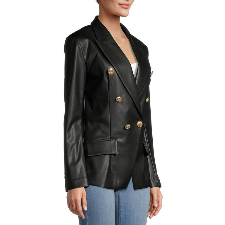 Attitude Unknown Women's Faux Leather Double Breasted Blazer