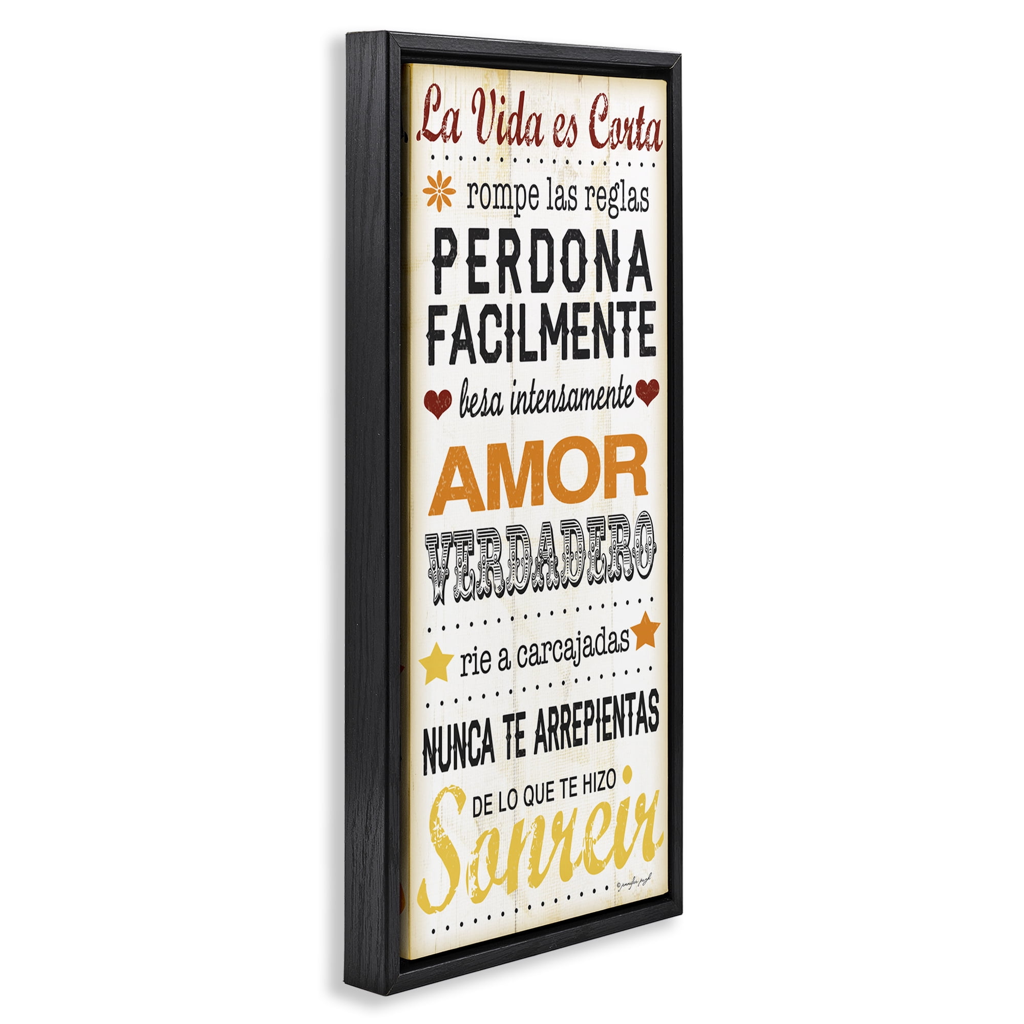 Stupell Industries La Vida es Corta Inspirational Quotes & Sayings Painting Black Floater Framed Art Print Wall Art, 14 x 31