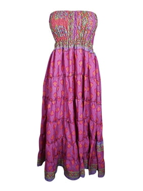 Mogul Women Pink Floral Print Maxi Skirt Ruched Strapless Sari Dresses