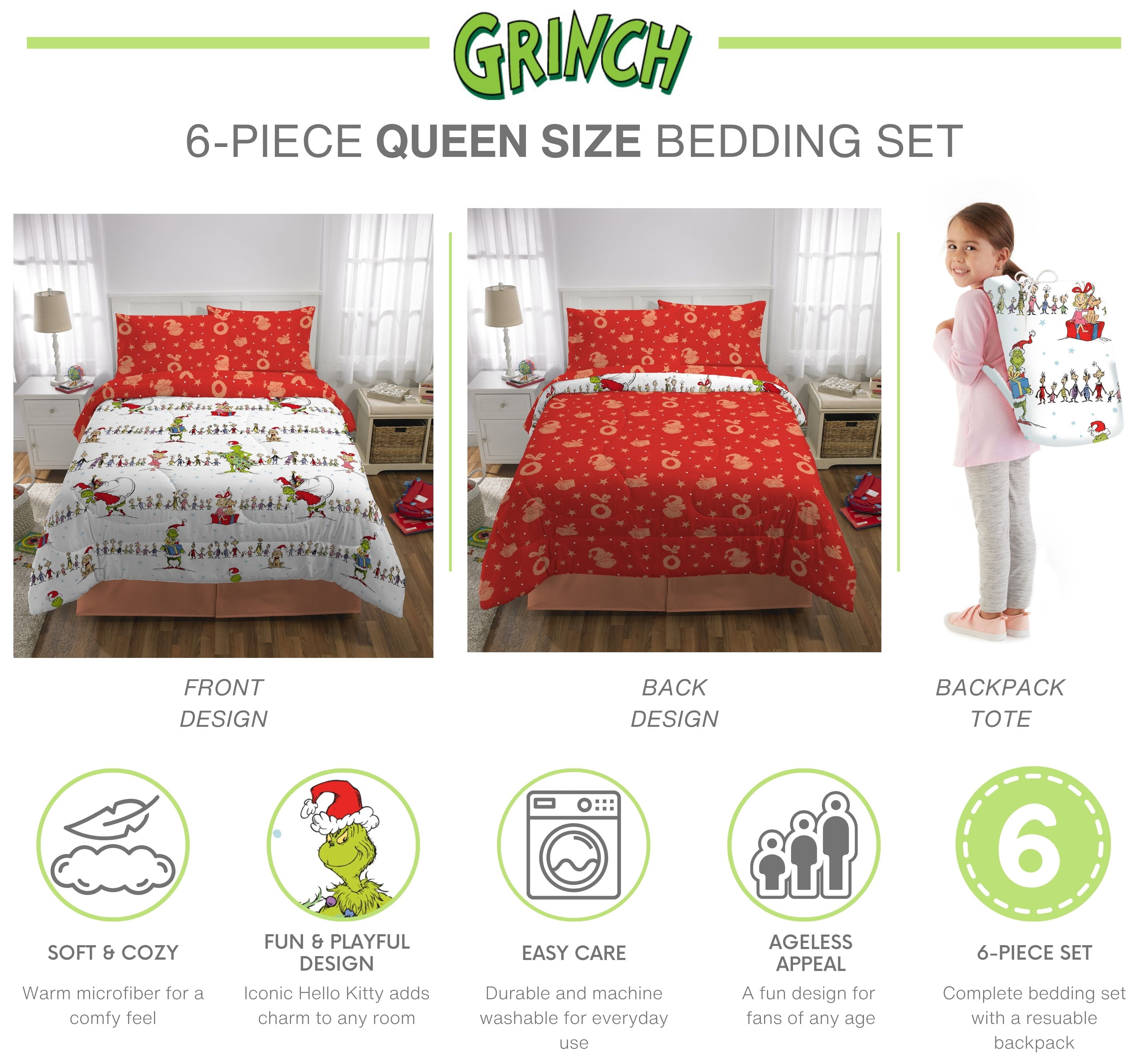 Grinch Kids 6 Piece Reversible Comforter, Bed in a Bag, Queen