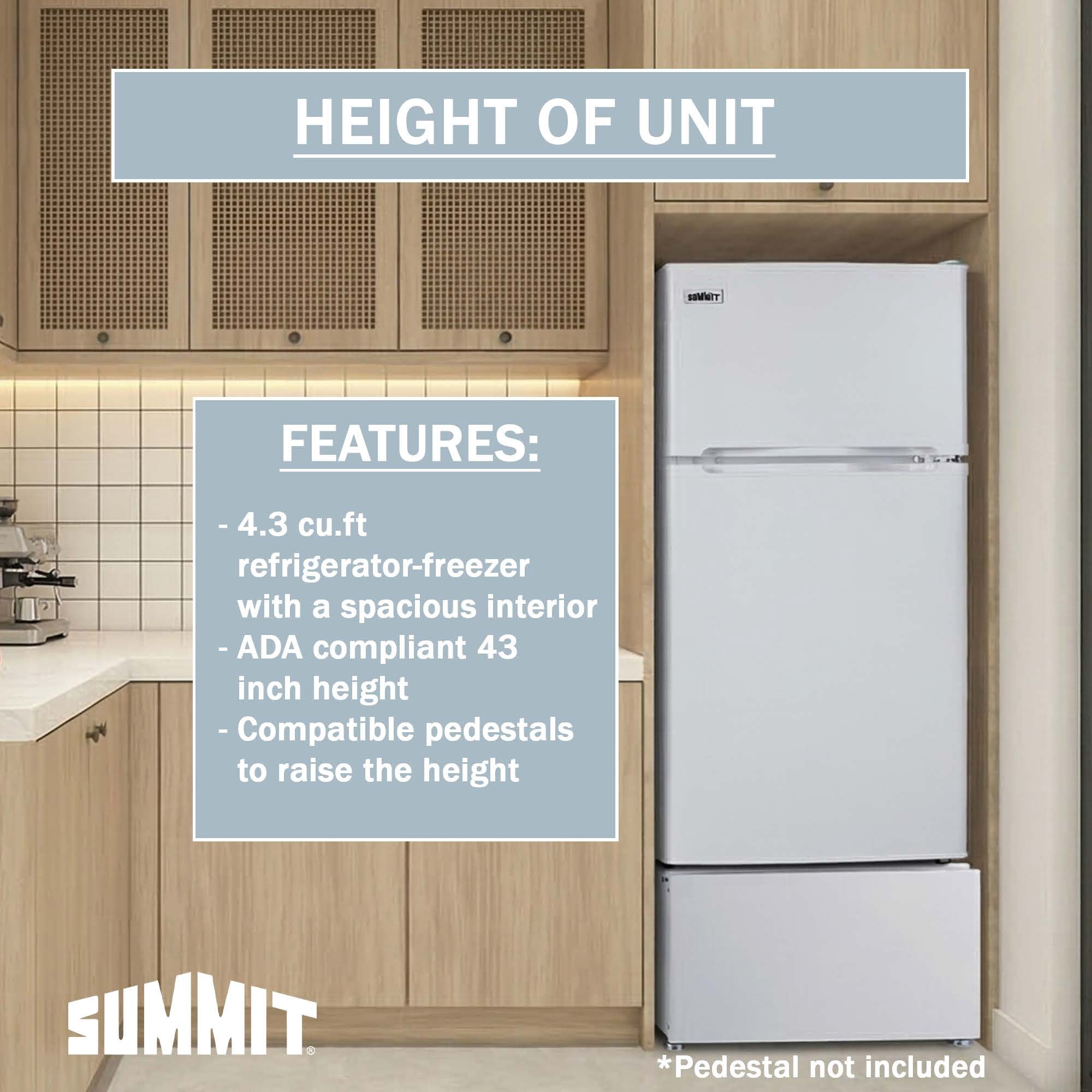 Summit 19 Inch Refrigerator, 4.3 cu.ft. Capacity, Freezer, Undercounter, ADA Compliant, 43” Height, White - FF12LW