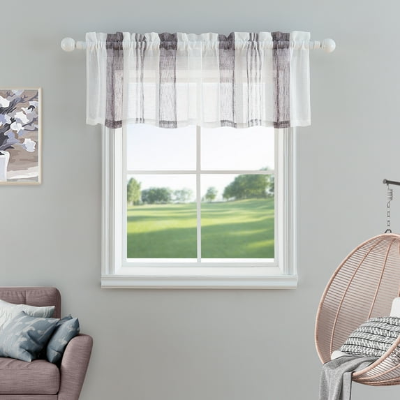 Coolmee Sheer Valance Curtain,Vertical Stripetier Kitchen Curtain Rod Pocket Faux Linen Textured Window Valances, 54"*15", Purple