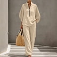 thumbnail image 4 of 2 Piece Outfit for Women Stand Collar Half Zip 3/4 Batwing Sleeve Blouse Matching Wide Leg Pants Solid Linen Look Casual Travel Suit for Spring Summer Vacation Daily Wear, 4 of 5