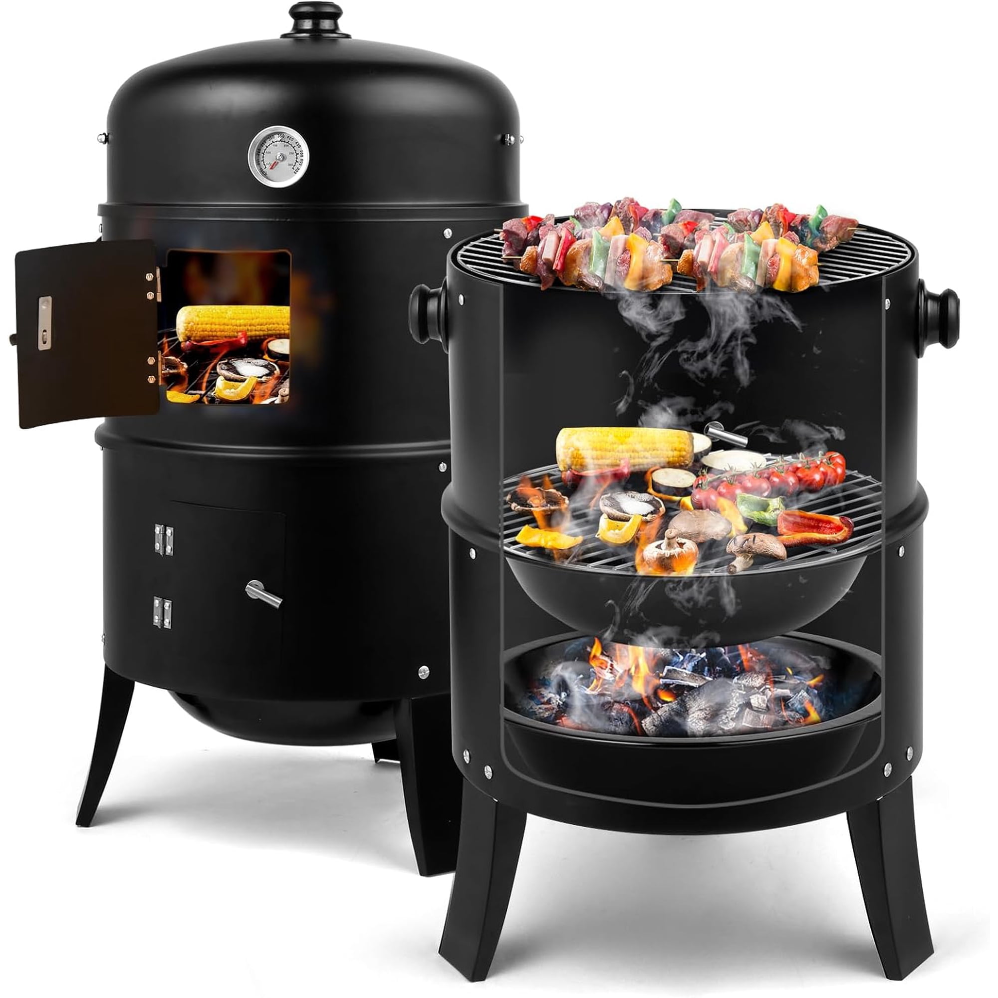 Vertical 17 Inch Charcoal BBQ Smoker, 3-in-1 Portable Outdoor Grill Cooker with Built-in Thermometer for Outdoor Backyard Cooking Grilling Camping