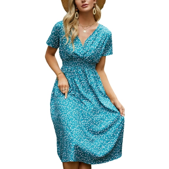 Uhndy Women Short Sleeve Shirt Dress Peasant Ethnic Boho Long Dress Kaftan Flowing Sundress Vintage Floral Party Dresses Lakebluefloral M