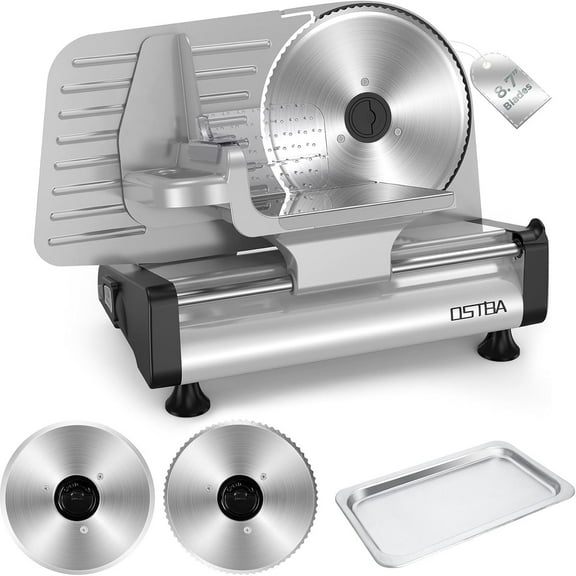 OSTBA Electric Meat Slicer with 200W DC Motor, 2 Removable 8.7” Stainless Steel Blades, Adjustable Thickness 0–15mm, Food Tray & Hand Grip, Deli Food Slicer for Meat, Cheese, Bread, Vegetables