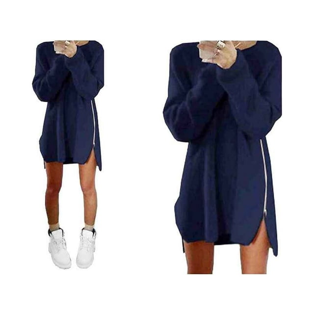 MesaSe Femmes O-Cou Pull à Manches Longues Robe Haut-Bas Côté Fermeture Éclair Robe en Tricot en Vrac