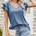 thumbnail image 3 of Camiseta holgada informal de mujer azul marino para verano, cómoda, con escote en V y mangas con doble volante, 3 of 6