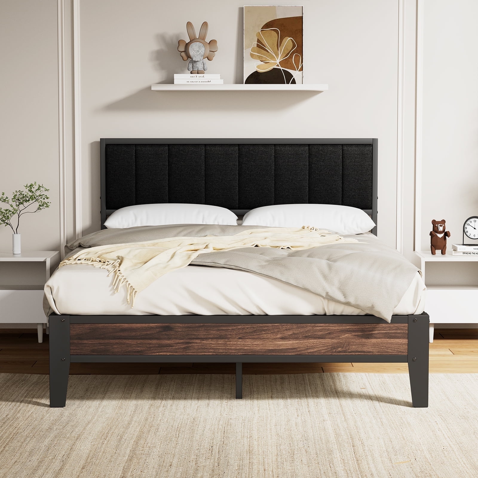 Lusimo Full Size Bed Frame with Upholstered Headboard and Under-Bed Storage No Box Spring Needed, Black