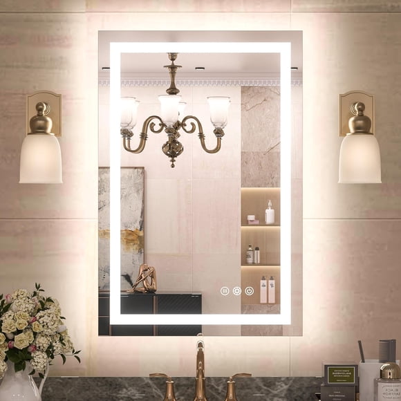 TETOTE LED Bathroom Mirror with Lights 24x36 Frontlit & Backlit Vanity Mirror Anti Fog Stepless Dimmable 3 Colors White/Warm/Natural,Double Lights,Wall-Mounted(Horizontal/Vertical)