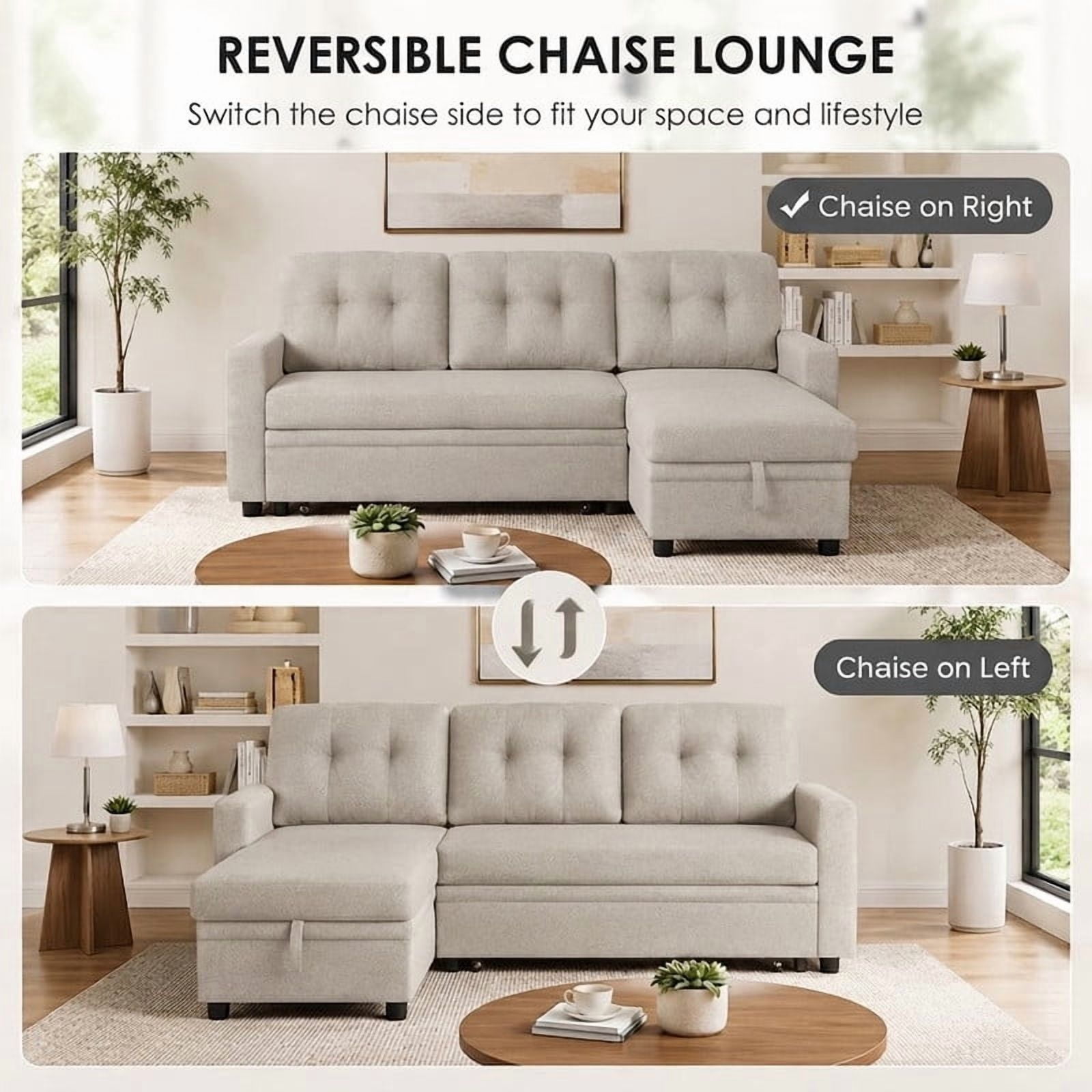 82" L-Shaped Convertible Sleeper Sectional Sofa with Pull-Out Bed, Storage Chaise, Removable Back Cushions, Modular Corner Couch for Living Room, Apartment, Home Office