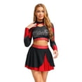 thumbnail image 1 of Aislor Womens Shiny Rhinestone Cheerleading Uniform 2 Piece Set Long Sleeve Crop Top & Skirt For Dance Red XXL, 1 of 6