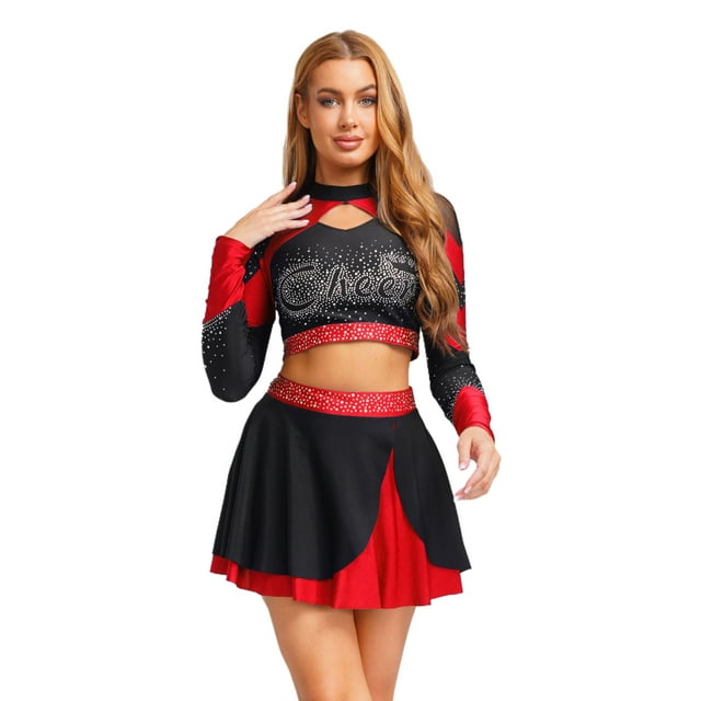 Xnihocha Uniforme de Cheerleading en Strass Brillant pour Femmes Ensemble 2 Pcs Haut Court à Manches Longues & Jupe pour Danse Rouge TTG