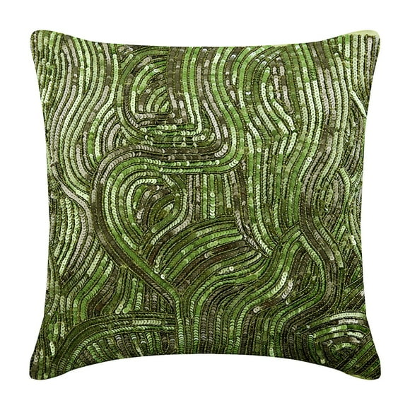 Green Pillow Shams, Sequins Beaded Sparkly Glitter Pillow Shams, 24x24 inch (60x60 cm) Pillow Shams, Square Silk Pillow Shams, Striped Pillow Shams, Tropical - Chlorophyll