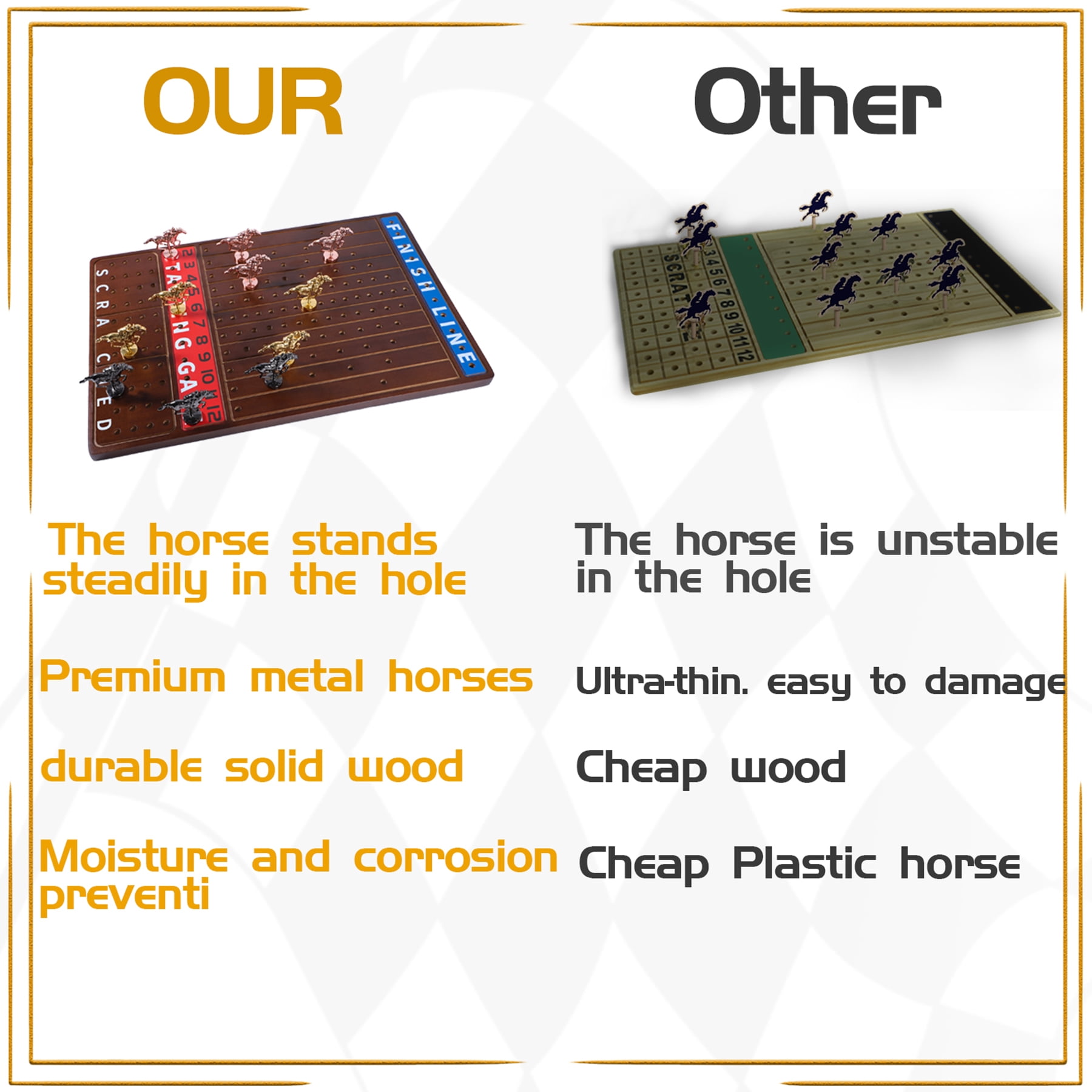 Grhonior Horse Race Board Game Racing Game Thickened Solid Wood with 11 Luxurious Durable Classic Metal Horses with 4 Dice and 2 Boxes of Cards Horse Racing Game (Walnut Color, Rectangle)