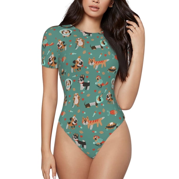 Balery Veterinary Clinics Body de cuello redondo de manga corta para mujer Tops de manga corta Tops básicos-Small
