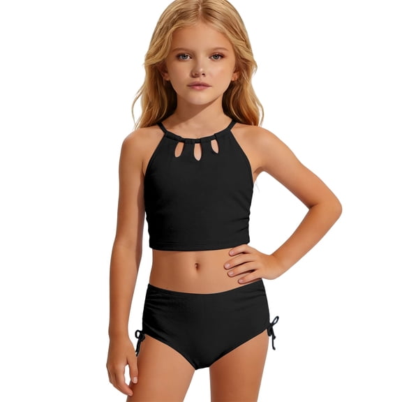 Big Girls tankini set Swimsuit Bathing Suit solid color Sleeveless print Two Piece with briefs For Beach Pool Surfing,Black,Age 13-14 Years