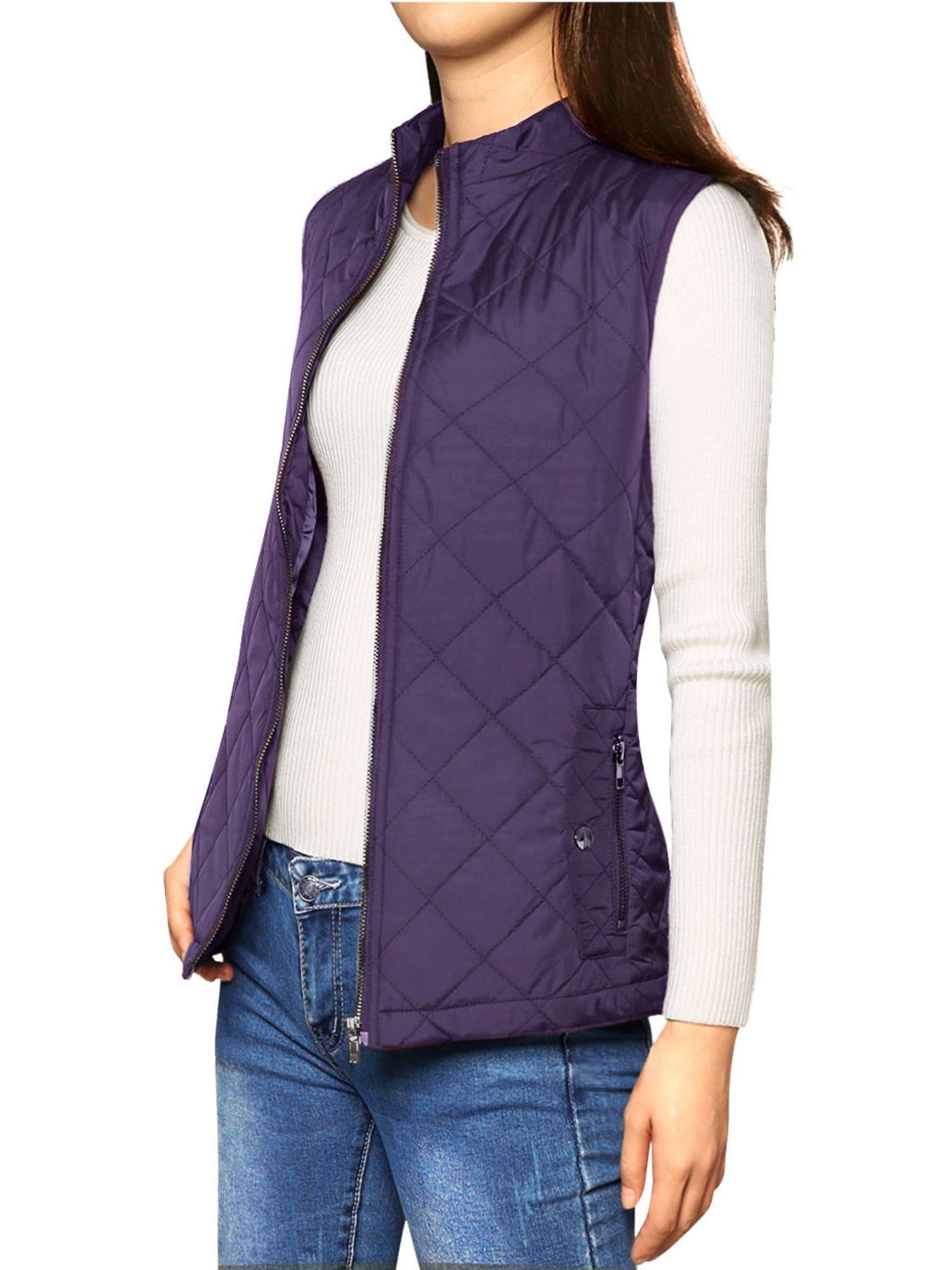 DARING DIVA Women's Zip Stand Collar Quilted Padded Vest M Purple