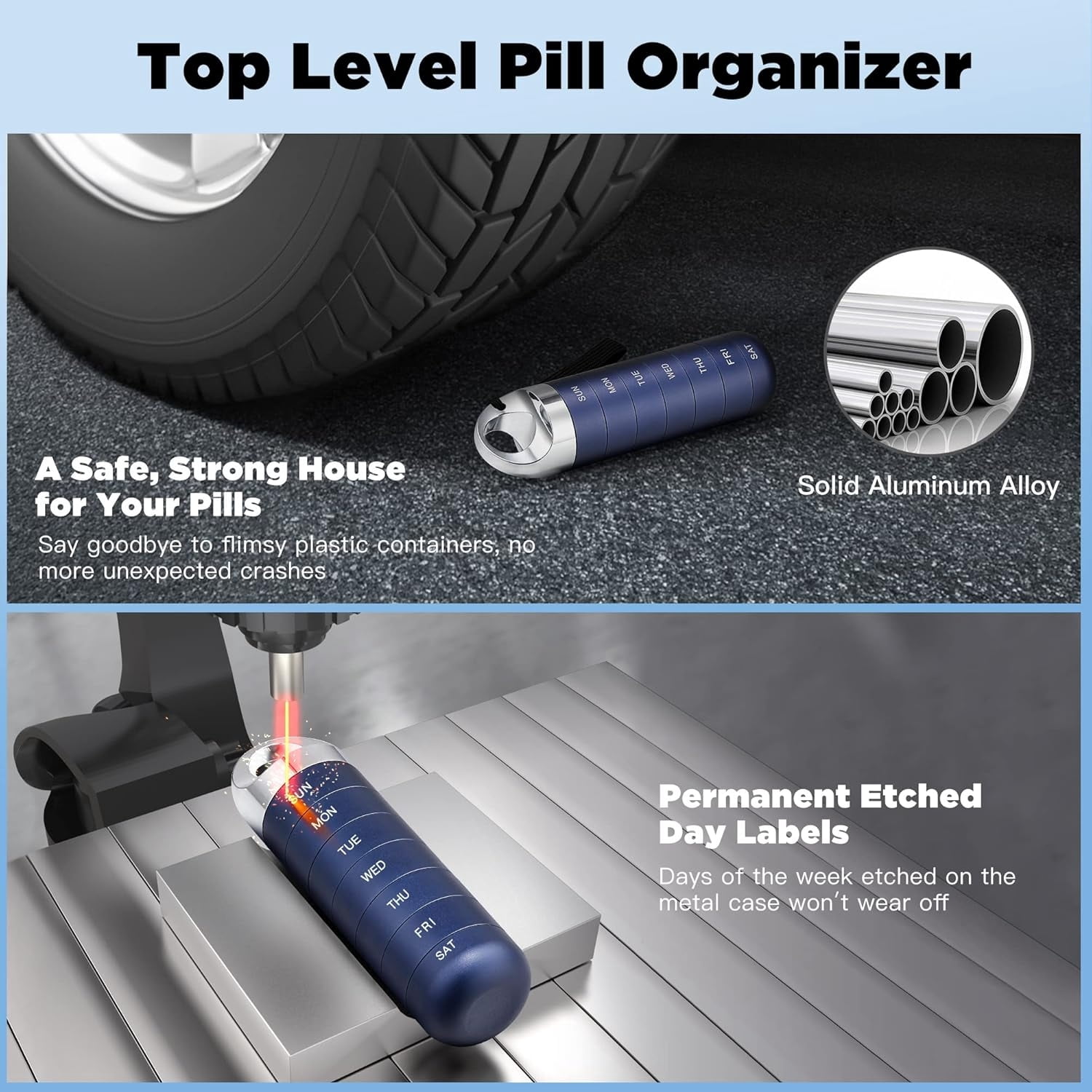 Metal Travel Pill Organizer, Portable Waterproof Weekly Pill Box, Large Aluminum Alloy Pill Case Container, BPA Free 7 Day Daily Medicine Organizer Holder for Vitamin, Fish Oil, Supplement