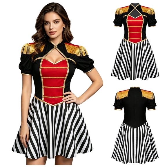 iiniim Women Circus Stand Collar Short Sleeve Striped Dress for Halloween Role-playing Theme Party Cosplay Stage Performance Black S