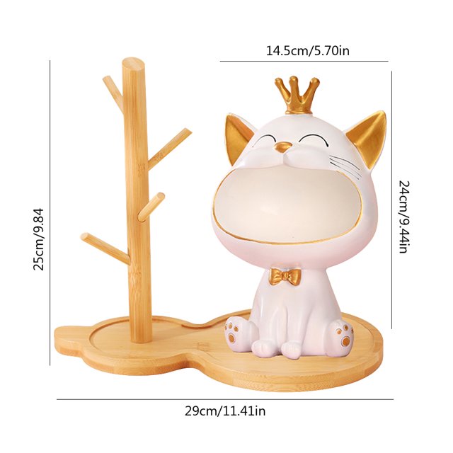 Decoración De Almacenamiento Estatuilla de llavero de gato de boca grande con resina de estante de madera para la habitación del hogar (blanco) Hugtrwg Libre de BPA