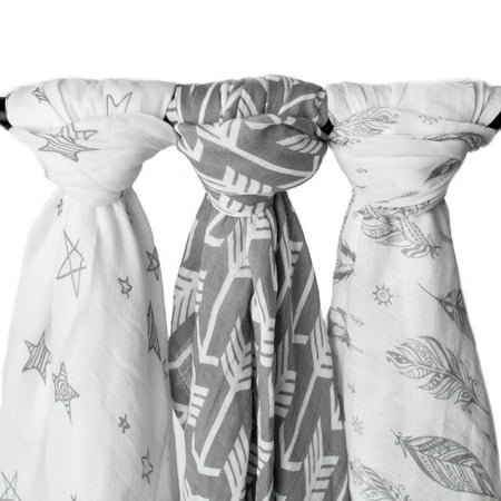 - Kids N' Such Muslin Swaddle Blanket Set 'Wanderer' Large 47 x 47 inch - Super Soft Bamboo Blankets - Arrow, Feather and Stars - 3 Pack Baby Shower Gift Bundle of Swaddles for Boys and Girls