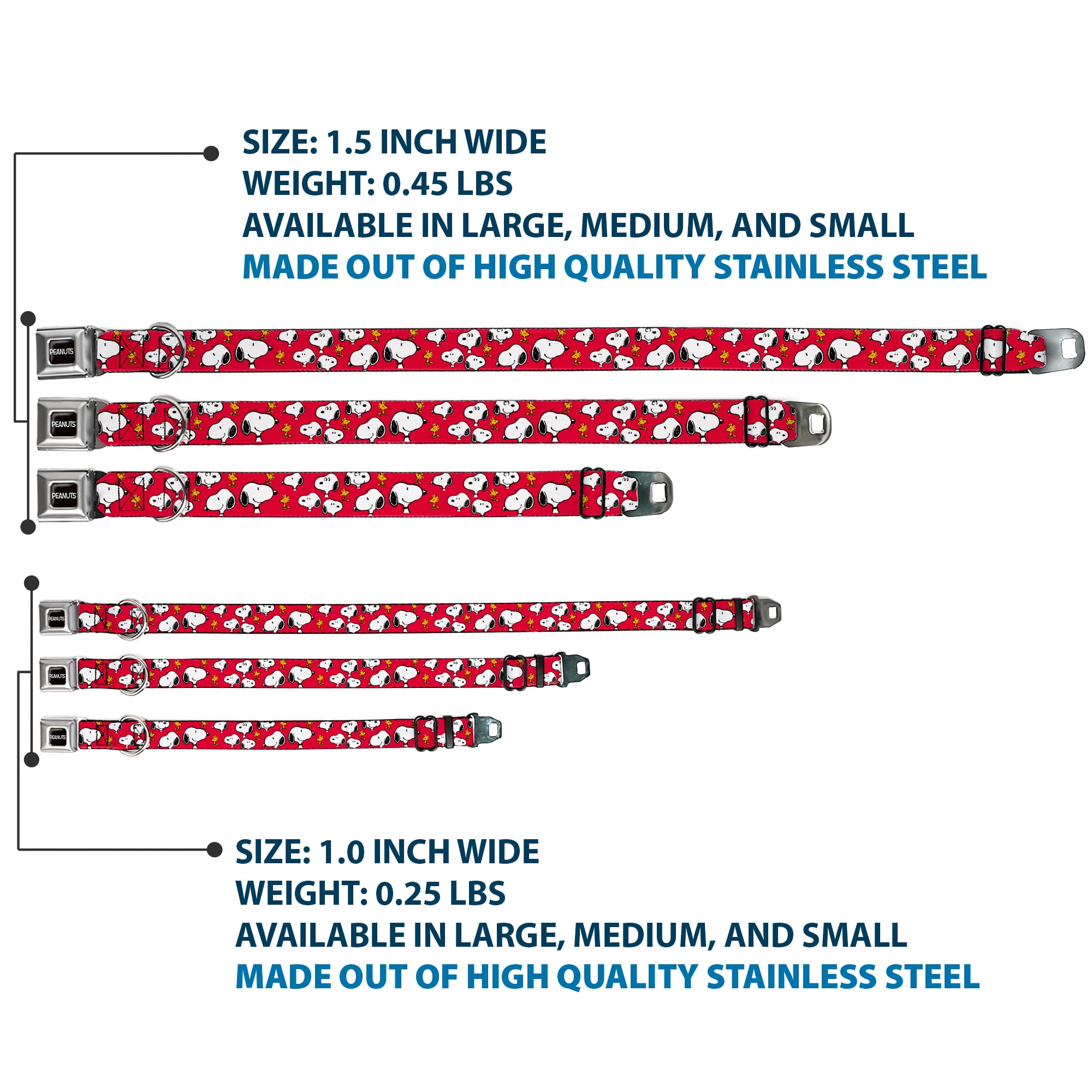 Peanuts Worldwide LLC Pet Collar, Dog Collar Metal Seatbelt Buckle, Peanuts Snoopy and Woodstock Poses Scattered Red, 9.5 to 13 Inches 1.0 Inch Wide