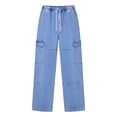 thumbnail image 4 of Migroa Mens Baggy Jeans Elastic Waist Denim Casual Loose Fit Wide Leg Cargo Pants with Drawstring Streetwear Pants Light Blue L, 4 of 7