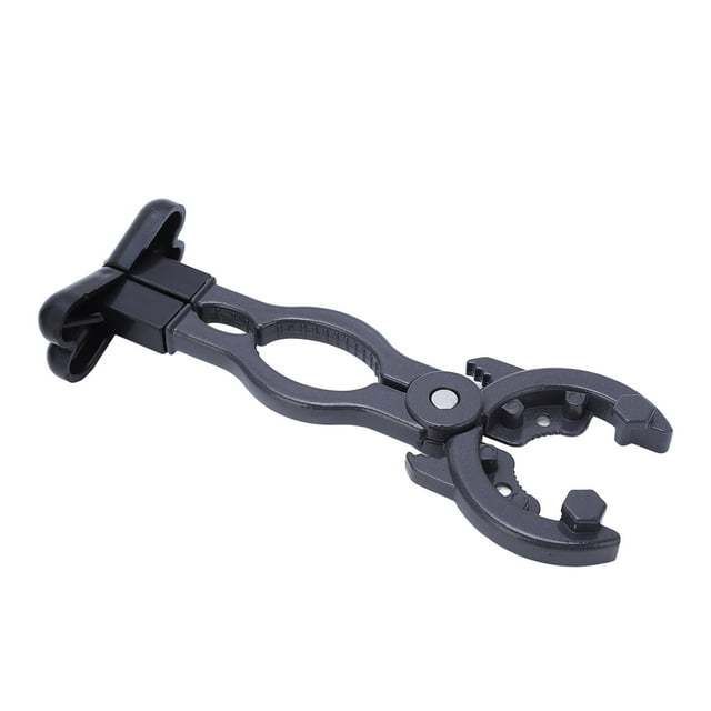 Liquefied Gas Professional Hand Tool, a high-strength manual gas can wrench made of durable aluminum alloy and ABS material, shown in black. Features include a concave convex gear design for easy valve operation, a non-slip ABS handle for secure grip, wear-resistant construction, and multifunctionality for tasks like opening pressure valves, beer bottles, and walnuts.