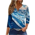 thumbnail image 2 of HOMBOM V Neck Shirts for Women Blue 3/4 Sleeve Pullover Fashion Drop Shoulder Button Marble Print Tee, 2 of 5