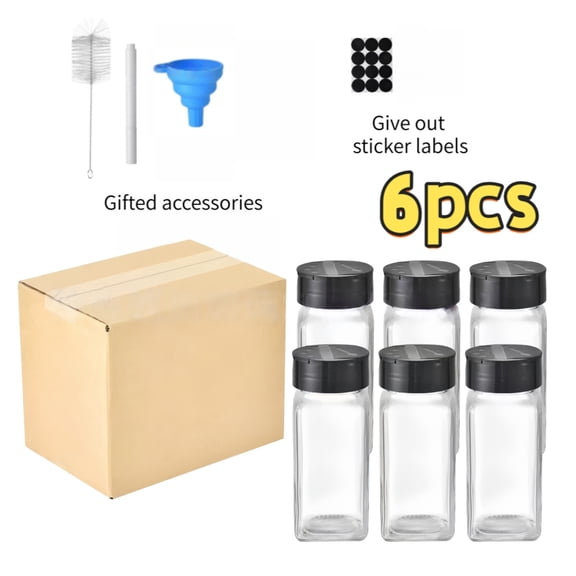 6-Pack Glass Spice Jars 120ml, Square Seasoning Bottles with Airtight Lids & Shaker Caps (4oz)