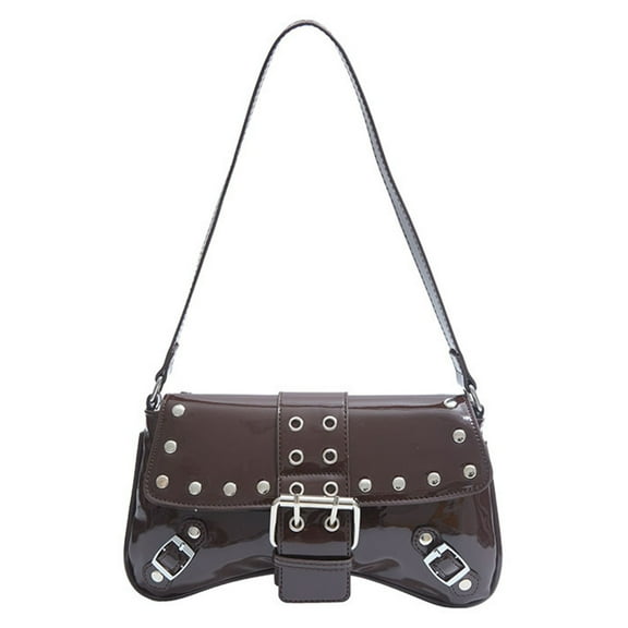 Yoetaun Studded Shoulder Bag Women PU Leather 90s Punk Armpit Bags Casual Handbag Streetwear Underarm Purse for Daily Use Coffee