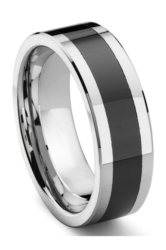 Black Tungsten Carbide Beveled Comfort Fit Mens Wedding Band Ring Sz 8.0
